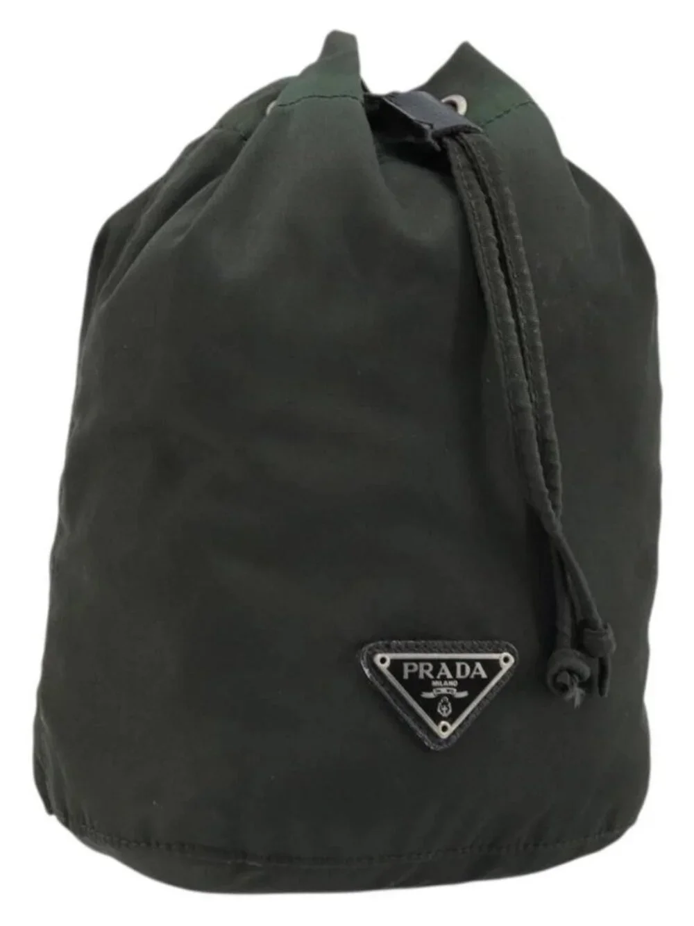 PRADA Drawstring Pouch Nylon Khaki Silver Auth bs34644